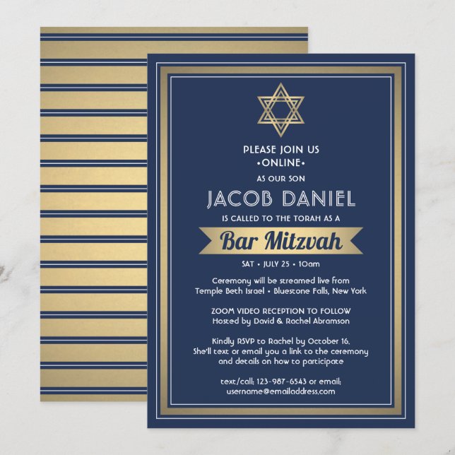 Invitation Virtual Zoom Bar Mitzvah Marine Bleu blanc et or (Devant / Derrière)