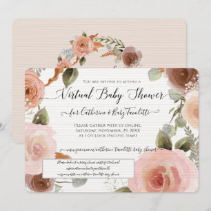 Invitation Virtuel Blush rose Floral Wreath Baby Girl Douche