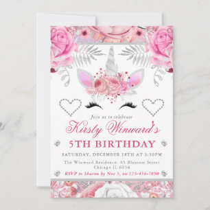 Invitation Visage de Licorne Rose Argent Fille Anniversaire E