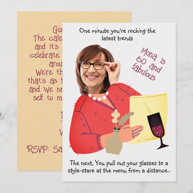 Invitation Visage drôle - 60 & Fabuleux photo fantasque Anniv (Devant / Derrière)