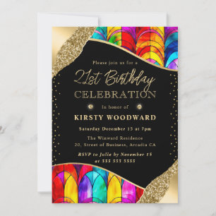 Invitation Vitraux multicolores et dorés pour 21e anniversair