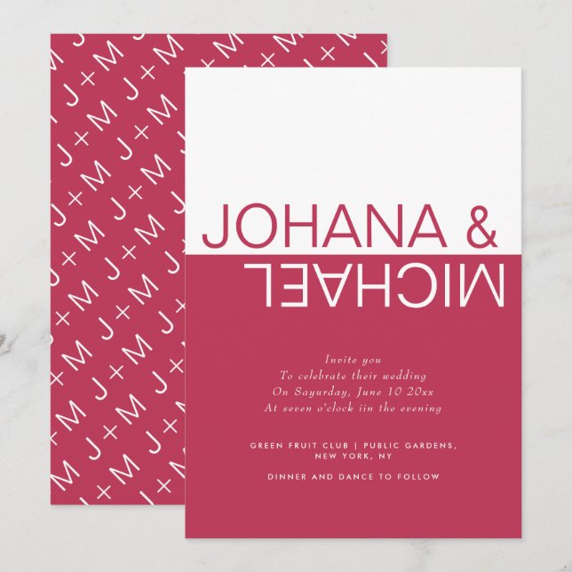 Invitation Viva magenta, bloc de couleur blanche mariage luna (Devant / Derrière)