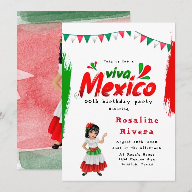 Invitation Viva Mexico Fille 00e fête d'anniversaire (Devant / Derrière)