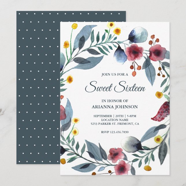 Invitation Vivante couronne florale 16e Sweet sixteen d'anniv (Devant / Derrière)