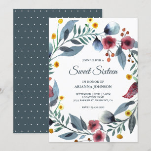 Invitation Vivante couronne florale 16e Sweet sixteen d'anniv