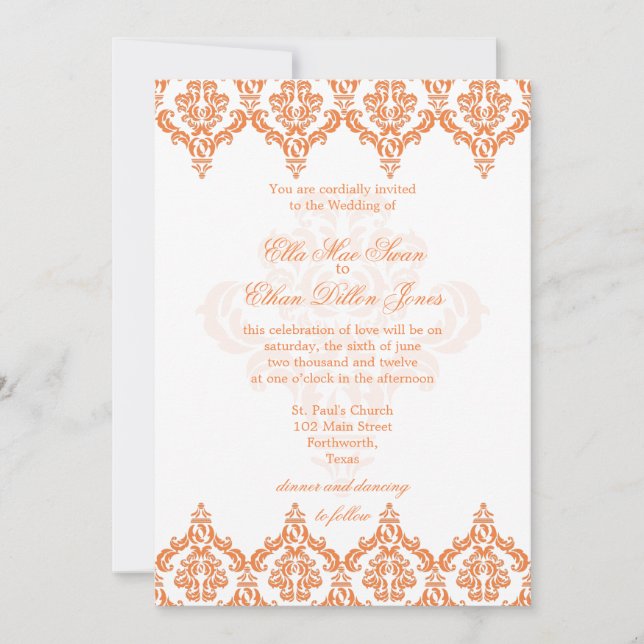Invitation vive d'Orange et de White Mariage damas (Devant)
