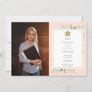 Invitation Vive Pink Greenery Gold Graduation Party Photo en