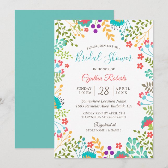 Invitation Vivid Fresh Spring Floral Cute Fête des mariées (Devant / Derrière)