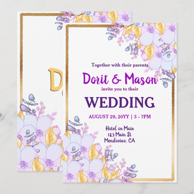 Invitation Vivid violet et or floral encadré (Devant / Derrière)