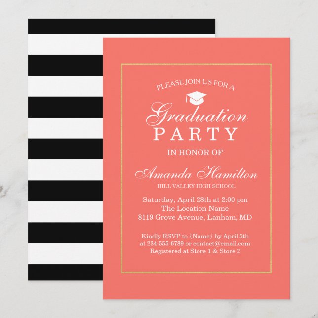 Invitation Vivre Coral Moderne Classic or Cadre Graduation (Devant / Derrière)