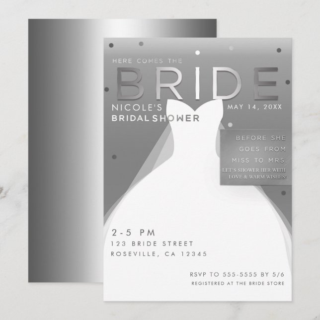 Invitation Voici BRIDE Silver & White Chic Fête des mariées (Devant / Derrière)