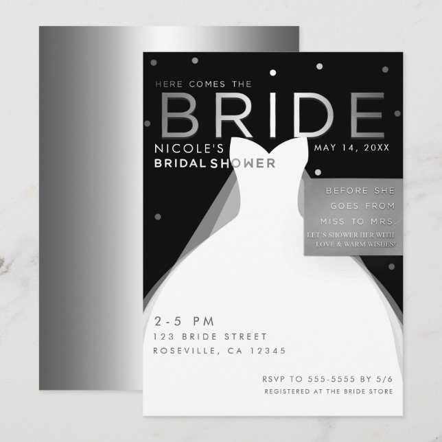 Invitation Voici la BRIDE Black Silver White Fête des mariées (Devant / Derrière)