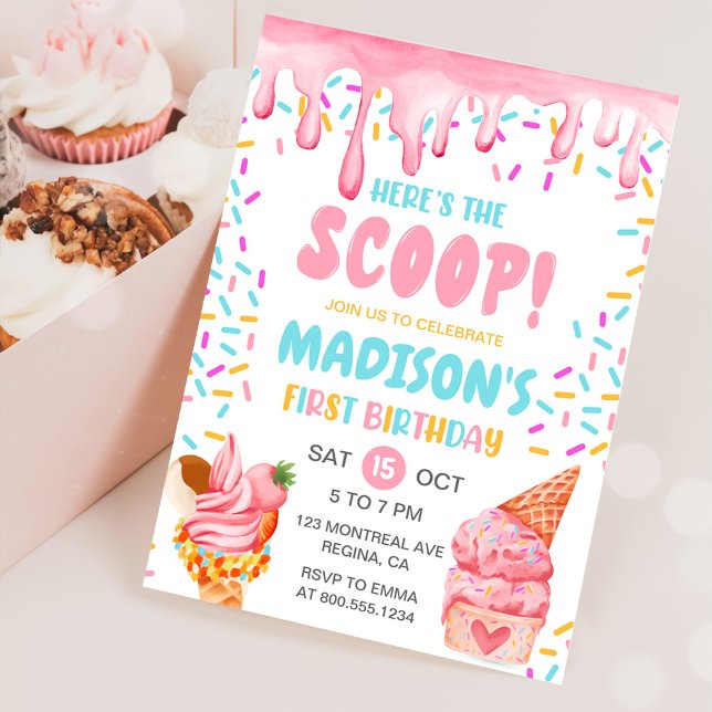 Invitation Voici la crème glacée Scoop Girls 1er anniversaire (Créateur téléchargé)