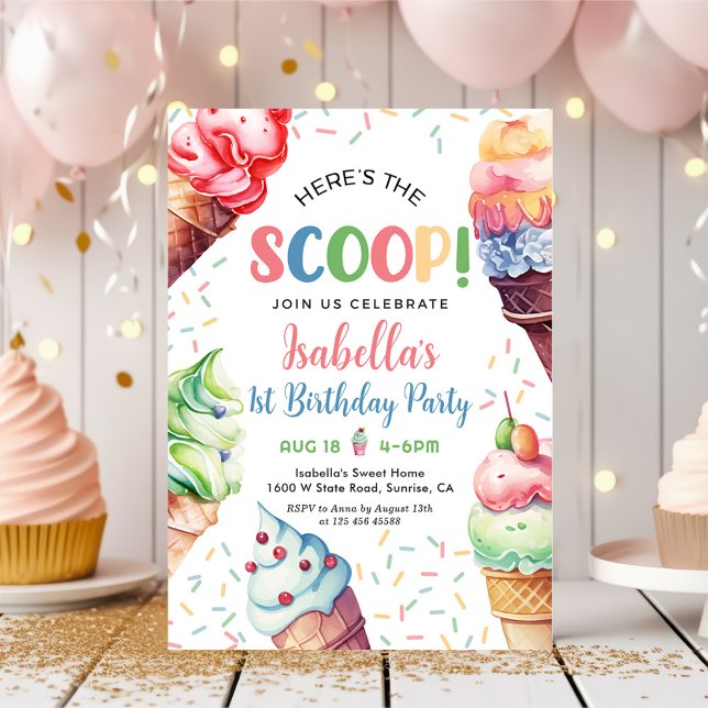 Invitation Voici la crème glacée Scoop Girls 1er anniversaire (Créateur téléchargé)