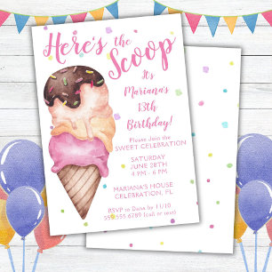 Invitation Voici la crème glacée Scoop Girls Birthday Invitat