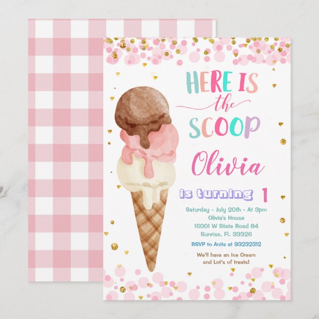 Invitation Voici la fête d'anniversaire de la crème glacée Sc (Devant / Derrière)