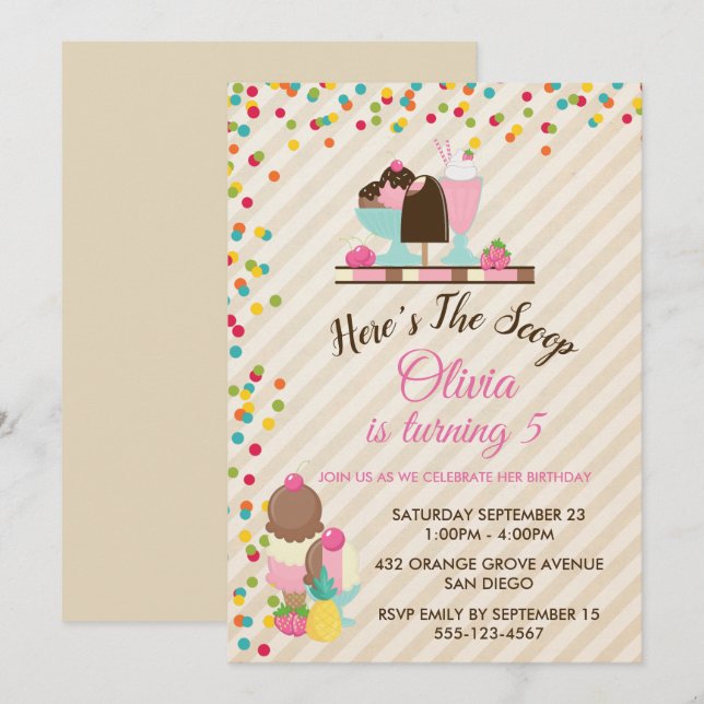 Invitation Voici la fête d'anniversaire de la crème glacée Sc (Devant / Derrière)