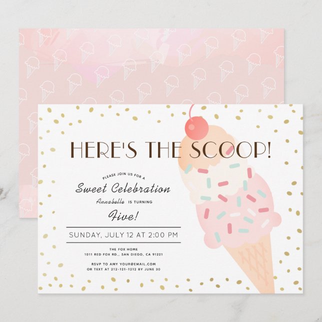 Invitation Voici l'Anniversaire de la crème glacée rose de Sc (Devant / Derrière)