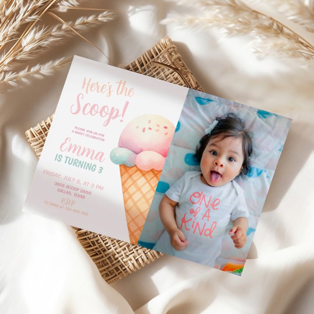 Invitation Voici l'anniversaire de la crème glacée rose Scoop (Créateur téléchargé)
