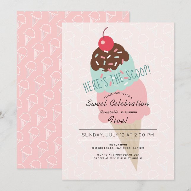 Invitation Voici l'Anniversaire de la crème glacée rose Scoop (Devant / Derrière)