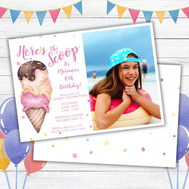 Invitation Voici l'anniversaire de la crème glacée Scoop Girl (Créateur téléchargé)