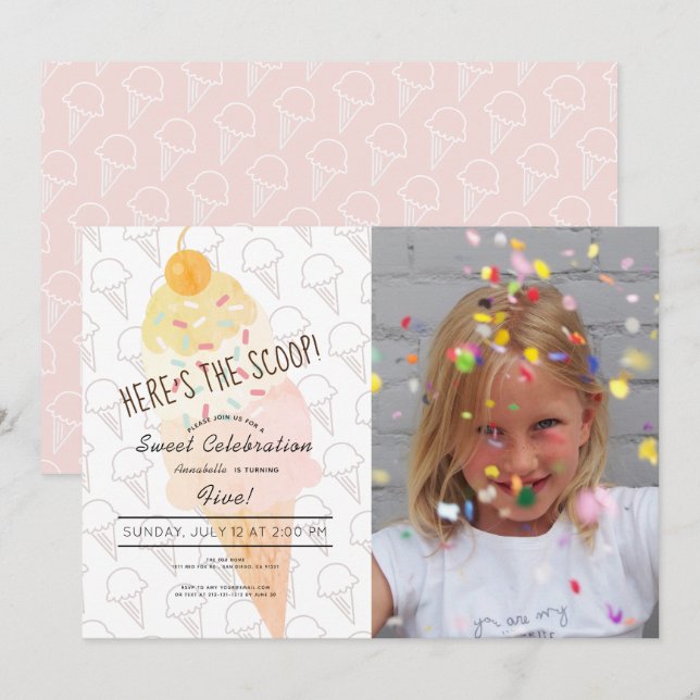Invitation Voici l'anniversaire de la crème glacée Scoop Pink (Devant / Derrière)