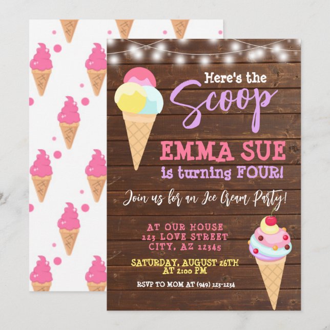 Invitation Voici l'anniversaire de la fête de la crème glacée (Devant / Derrière)