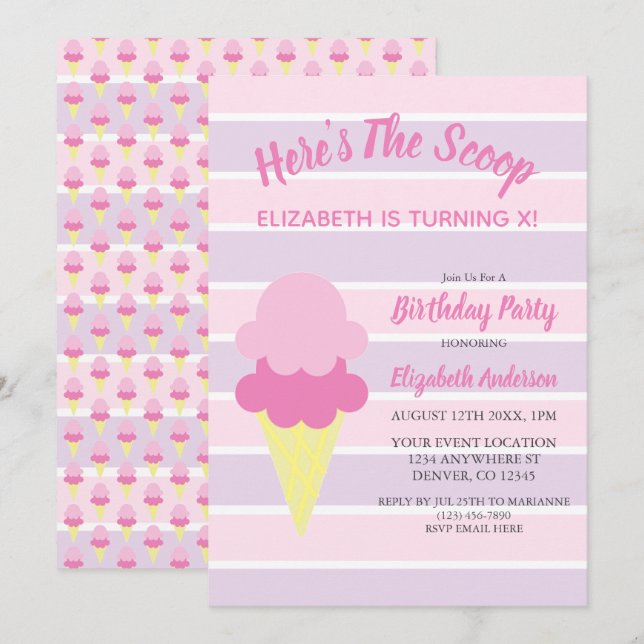 Invitation Voici l'anniversaire d'été de la crème glacée Scoo (Devant / Derrière)