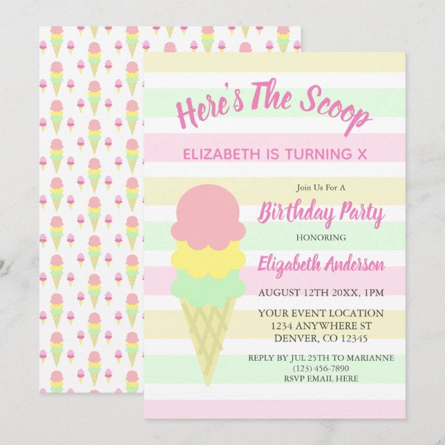 Invitation Voici l'anniversaire d'été de la crème glacée Scoo (Devant / Derrière)