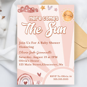 Invitation Voici Le Baby shower Arc-En-Ciel Rose Soleil