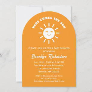 Invitation Voici Le Baby shower Blanc Son Soleil Orange