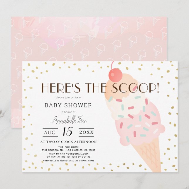 Invitation Voici le Baby shower de fille rose crème glacée Sc (Devant / Derrière)