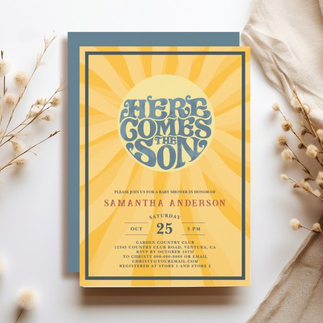 Invitation Voici le Baby shower du Fils (Here Comes the Son retro baby shower invitation features fun sun shape typography with rays.)