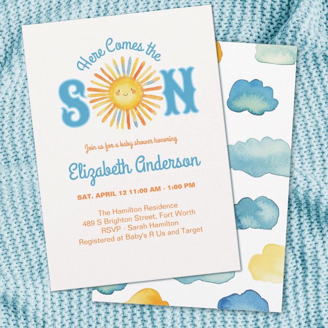Invitation Voici le Baby shower du Fils (A cute baby boy shower invitation with the theme,"Here Comes the Son" Adorable!)