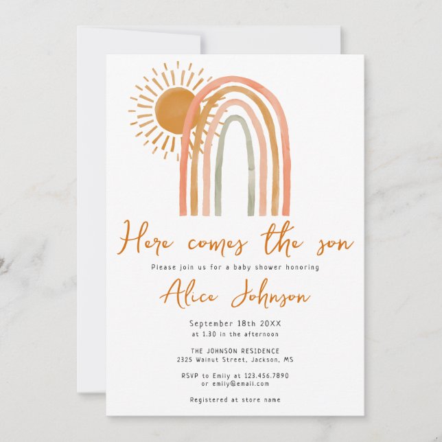Invitation Voici Le Baby shower Fils Rainbow Boho Boy (Devant)