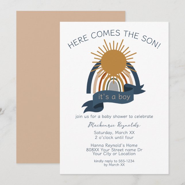 Invitation Voici le Baby shower garçon Son Boho (Devant / Derrière)