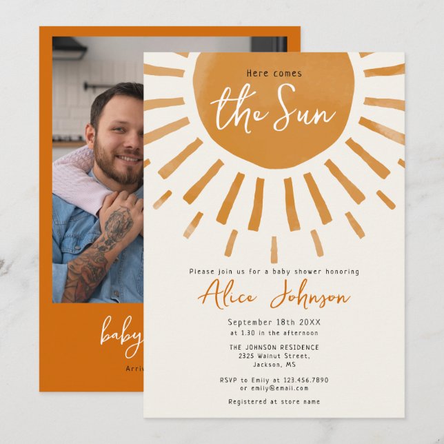 Invitation Voici Le Baby shower Photo Sun Boho (Devant / Derrière)