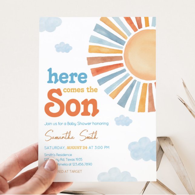 Invitation Voici Le Baby shower Soleil (Blue Boho Sunshine Baby Shower Invitation)