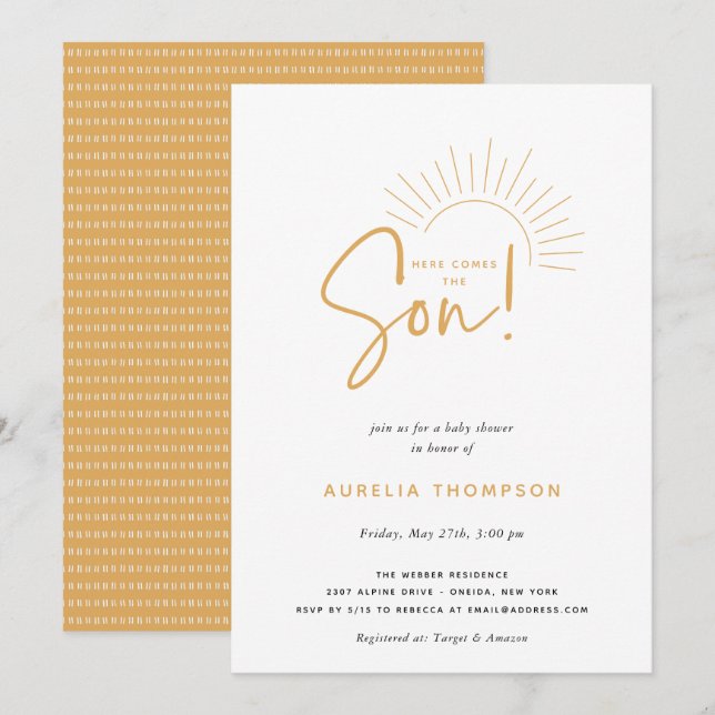 Invitation Voici Le Baby shower Soleil Son Boho (Devant / Derrière)