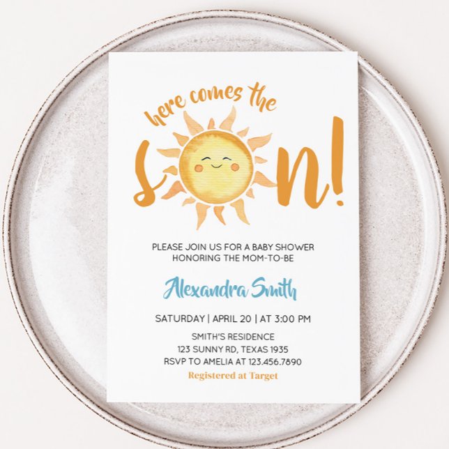 Invitation Voici le Baby shower Son mignon soleil (Here Comes the Son Baby Shower Invitation)
