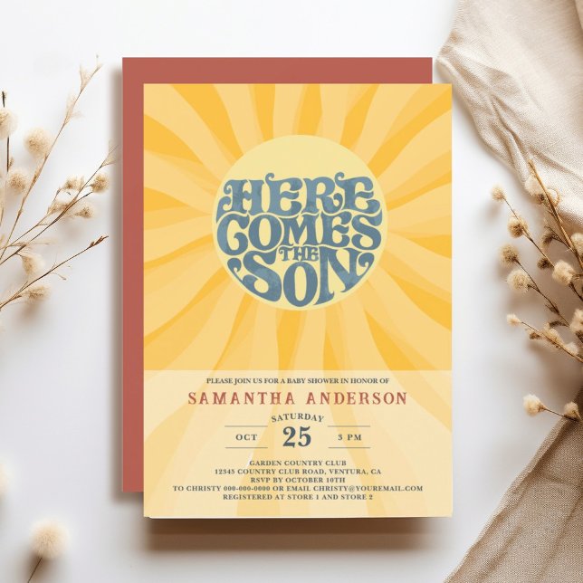 Invitation Voici le Baby shower Son Retro (Here Comes the Son retro baby shower invitation features fun sun shape typography with rays.)