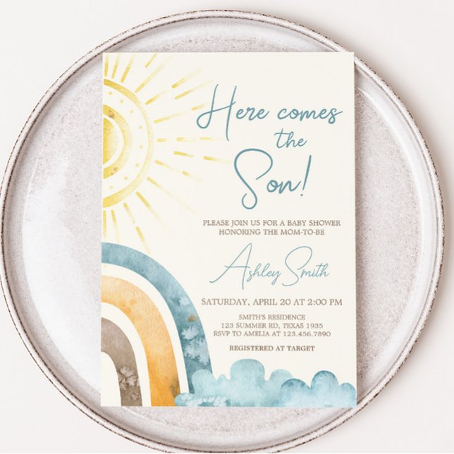 Invitation Voici Le Baby shower Son Retro (Boho Here Comes The Sun Baby Shower Invitation)