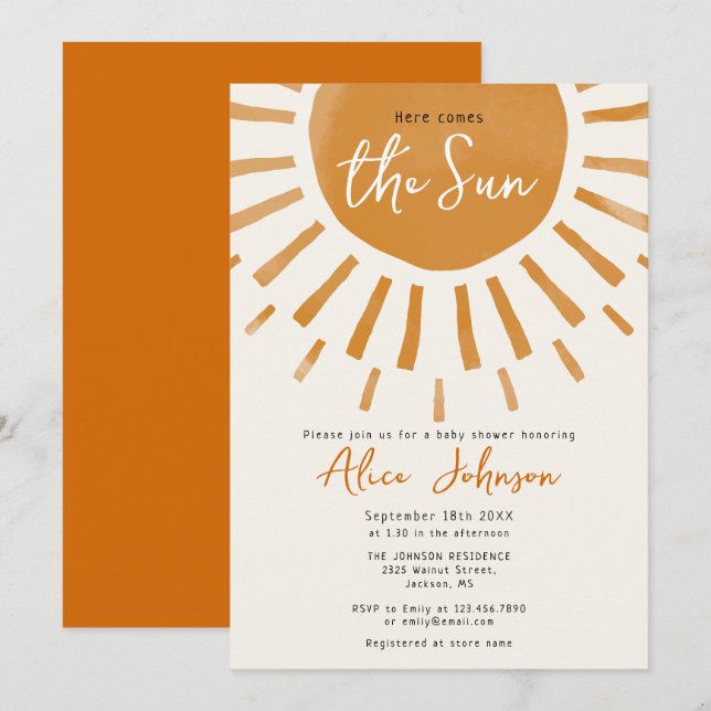 Invitation Voici Le Baby shower Sun Boho (Devant / Derrière)