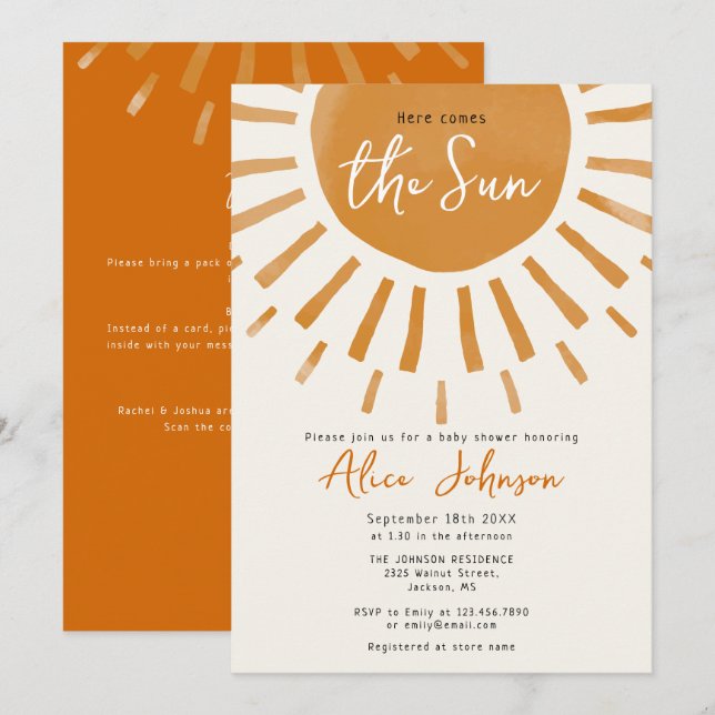 Invitation Voici Le Boho Soleil Tout En Un Baby shower (Devant / Derrière)