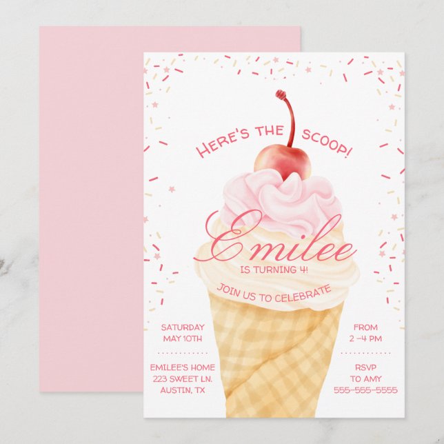 Invitation Voici le cône de glace Scoop Ice Cream été Anniver (Devant / Derrière)