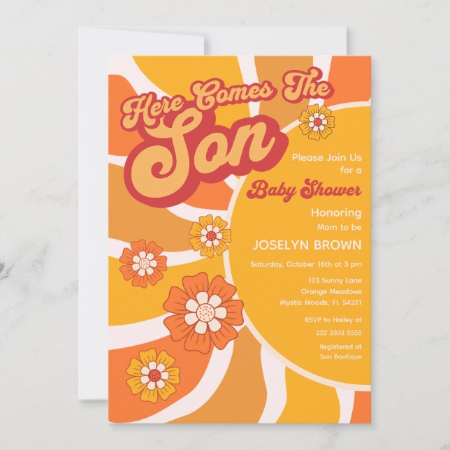 Invitation Voici Le Fils Retro Sunshine Baby Douche (Devant)