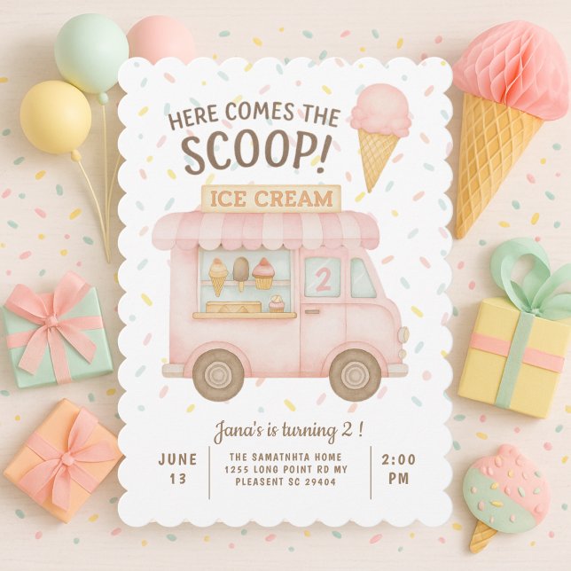 Invitation Voici le Scoop ! | Camion à glace rose (Créateur téléchargé)