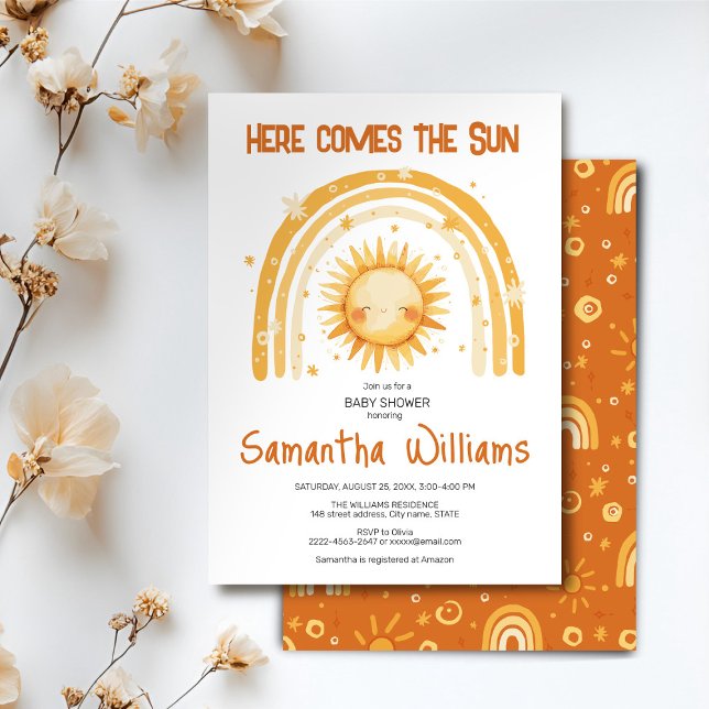 Invitation Voici l'invitation du baby shower Sun (Here comes the Sun watercolor cute baby shower invitation )