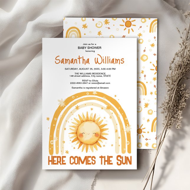 Invitation Voici l'invitation du baby shower Sun (Here comes the Sun watercolor cute baby shower invitation )