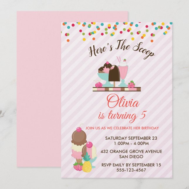 Invitation Voici The Scoop Ice Cream & Confetti Anniversaire (Devant / Derrière)